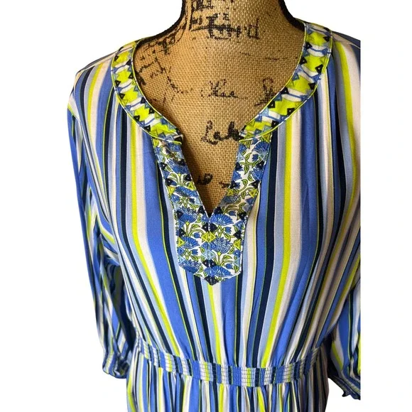 JOHN MARK Striped V Neck Tiered Midi Dress Blue Yellow Embellished Size L - Picture 6 of 13